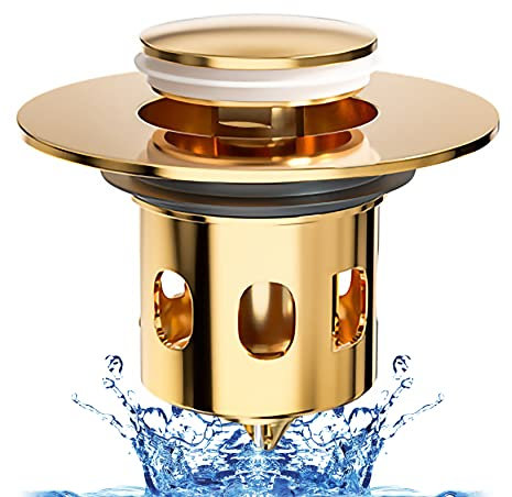 RECKODOR Badewannenstöpsel Pop up Abfluss Stopfen Stöpsel Waschbecken Messing Push-Typ Ablaufgarnitur Sieb Mit 2 Dichtungen füR Zwischen 33.5-41.5mm Bad KüChen Waschbecken Abfluss ZubehöR-Gold