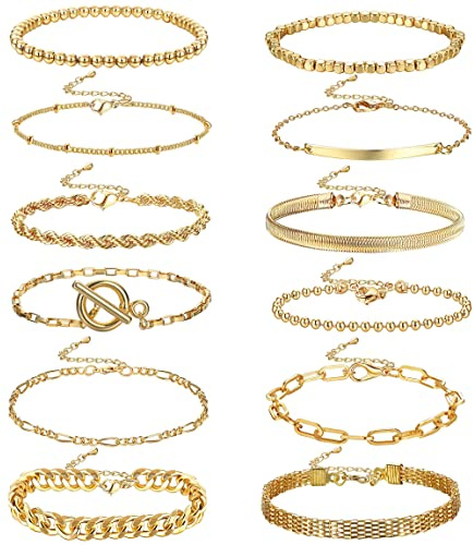CASSIECA 14K Gold Plated Chain Bracelet Set for Women - Boho Stackable Cuff Bangle With Paperclip Cuban Link and Beaded Layered Design - 12 Pieces