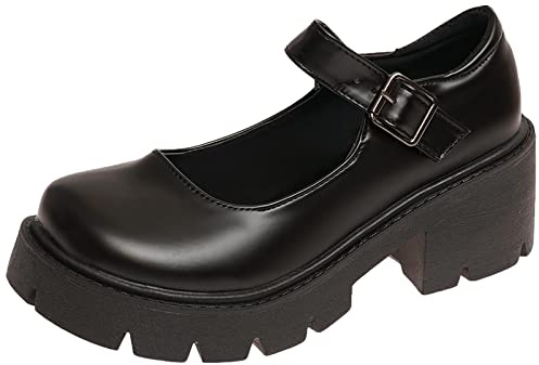 rismart Women's Platform Mary Jane Chunky Heel Round Toe Ankle Strap Lolita Shoes (Black,6 UK)