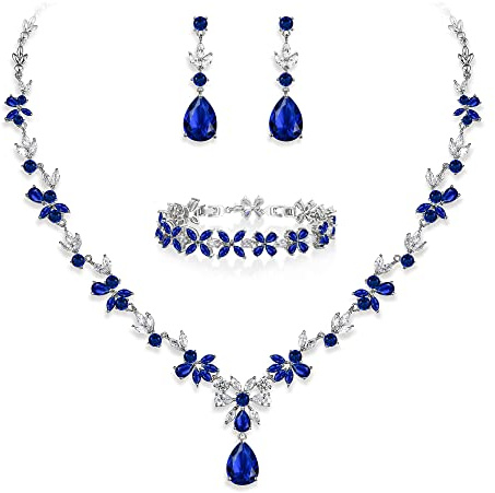 EVER FAITH Juegos de Joyas Mujer Circonia Cúbica Azul Marquesa Flores Conjunto de Collar Pendientes Pulsera para Boda Novia Dama de Honor B Tono Plateado