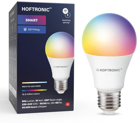 HOFTRONIC - Smart Home E27 LED Lampe - Farbig RGBWW - 10 Watt 806 Lumen - WiFi + Bluetooth - Steuerbar via Handy und Sprache (Google Home, Alexa und Siri)