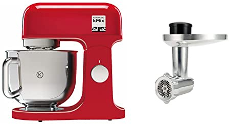 Kenwood KMX750AR Impastatrice Planetaria Kitchen Machine kMix, Robot da Cucina Mixer, 1000 W, 5 Litri, Acciaio, Plastica, Rosso & KAX950ME Accessorio Tritacarne per Impastatrice Planetaria, Argento
