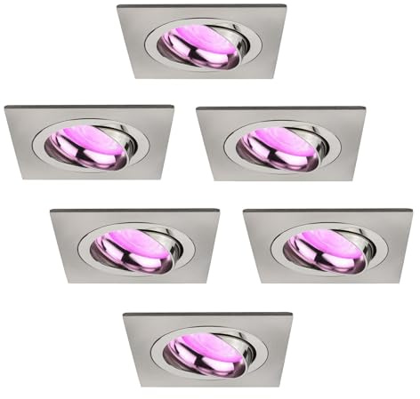 Ledvion 6er Set LED Einbaustrahler Edelstahl RGB dimmbar Wifi | Fuer trockene Innenraeume wie Wohnzimmer Kueche und Flur; Farbe und Helligkeit per App oder Smart Steuerung einstellbar