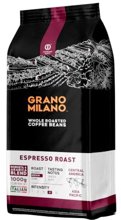 Grano Milano Espresso Roast Coffee Beans 1kg, Medium Roast | Intensity 4/5, Full-Bodied, 80% Robusta, Made in Italy, Packaging May Vary