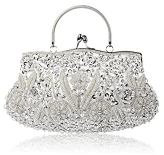 CORIOS Damen Handgemachte Perle Handtasche Floral Abendtasche Vintage Clutch Tasche Elegante Schultertasche Klein Tasche Kette Umhängetasche Hochzeit Bankett-Party Abschlussball Tasche Silber