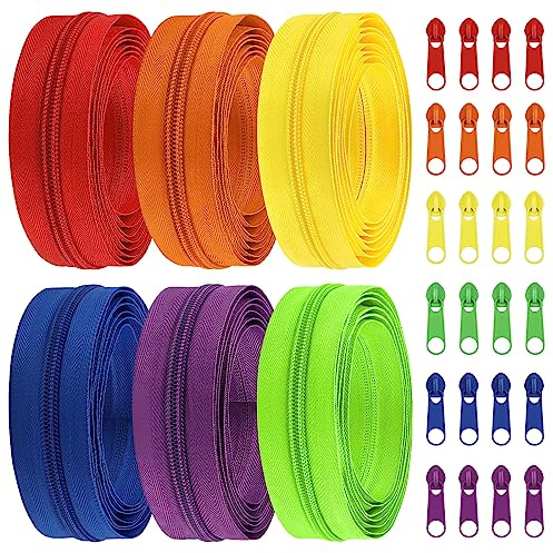 DOITEM Endlos Reißverschluss Set mit Zipper 5mm 12 Meter Inklusive 24 Metall Schieber für Kleidung Tasche Mäppchen Bettwäsche, 6 Farben