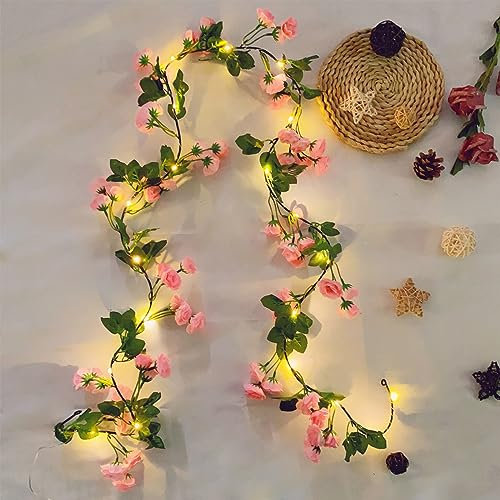 Fielegen 1.8M Künstliche Blume Lichterkette Batteriebetrieben Gefälschte Rose Blumengirlande mit 20 LED Feenlichter,Seide Hängende Rosa Rose Blume Reben Schnur Lichter für Hochzeitsfeier Garten Dekor