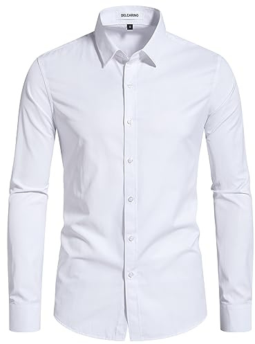 DELCARINO Men's Dress Shirts Stain Shield Stretch Slim Fit Shirts Wrinkle-Free Formal Business Button Down Shirt White Large
