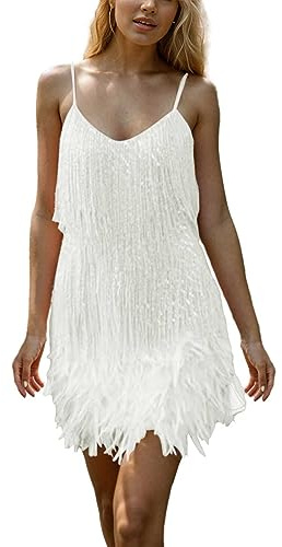 Duohropke Mujeres Vestido de Plumas con Brillo y Bordes de Franjas con Lentejuelas Tirantes de Spaghetti Vestidos de Fiesta Cóctel de Noche Mini Camiseta de Manga Corta, Blanco, S