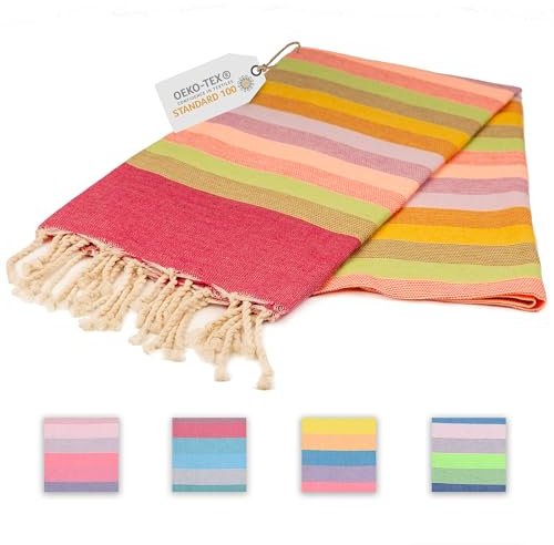 Sandrella Asciugamano per hammam, in puro cotone, per sauna, spiaggia, doccia, bagno e yoga, 90 x 170 cm, a righe, rosso scuro, verde/rosa/viola/giallo
