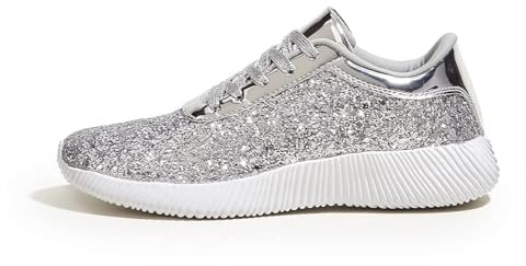 LUCKY STEP Damen Glitzer Turnschuhe Strass Sneaker Leichte Metallische Pailletten-Tennisschuhe (Silber, 8US-38EU-5UK)