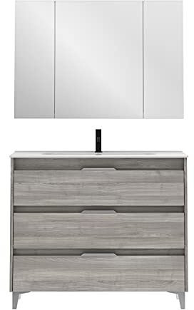 AMIZUVA | Conjunto de Mueble de Baño Suki con 3 cajones | Anchura 100 cm | Incluye Lavabo Cerámico y Espejo| Acabado en Gris Arenado|Mueble Baño Lavabo|Muebles de Baño con Lavabo y Espejo