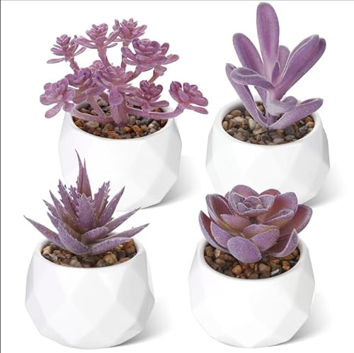 Dribotway Set of 4 Artificial Succulent Plants Mini Fake Succulents Plants Artificial Potted for Home Garden Office and Outdoor Decor Purple