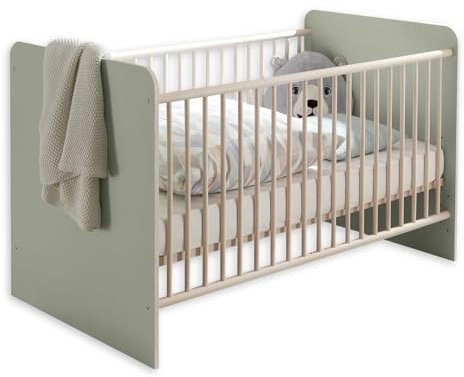 Stella Trading PRIZZI Sicheres Babybett 70x140 cm in Pastellgrün/Aurum Optik - Funktionales Baby Gitterbett mit höhenverstellbarem Lattenrost - 78 x 88 x 143 cm (B/H/T)