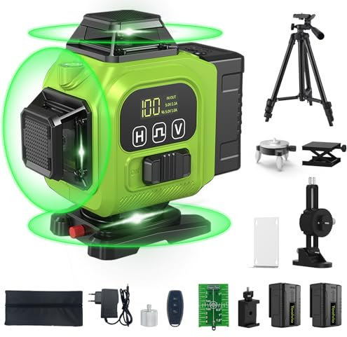 Niveau Laser 360 autonivelant, 4D Ligne Verte pour laser chantier | 1.2m Trépied | Batterie Li-ion Rechargeable | Support Magnétique Intégré | Support Magnétique 4D