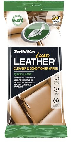 Turtle Wax Packung mit 24 plastikfreien Leder-Polster-Reinigungstüchern. Schnell und einfach. Schonend für alle Triple-Action-Leder und Nicht fettende Leder.