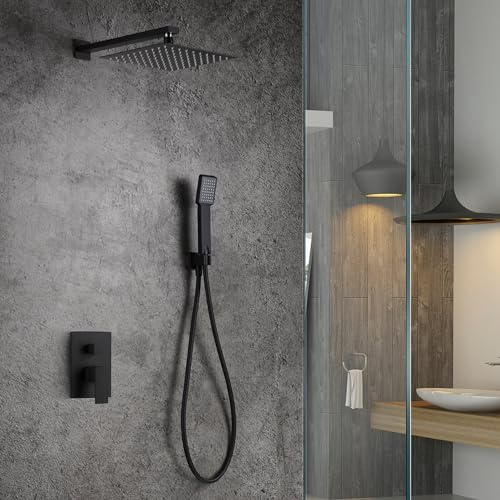 IMEX - Ducha Empotrada Negra Monomando | Conjunto de Grifería Empotrado con Alcachofa y Rociador Antical Efecto Lluvia | Columna Ducha Empotrada en Latón y Acero Inox S.304 | Serie Dublín