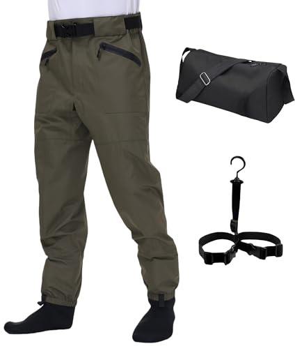 VZKAK Fishing Waders for Men and Women,Wading Pants with Neoprene Stocking Foot,Fishing Waist Waders Pants with Pockets for Fly Fishing Boating Hunting Kayaking (Olive Green, Medium)