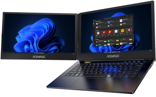 ACEMAGIC Ordenador Portátil Pantalla Doble,Procesador lntel i7-1255U (10 núcleos y 12 Hilos),14 Portátil de con Pantalla Dual Plegable de 360°,16GB RAM,SSD 1TB (hasta 2 TB),WiFi6,Win 11,Negro