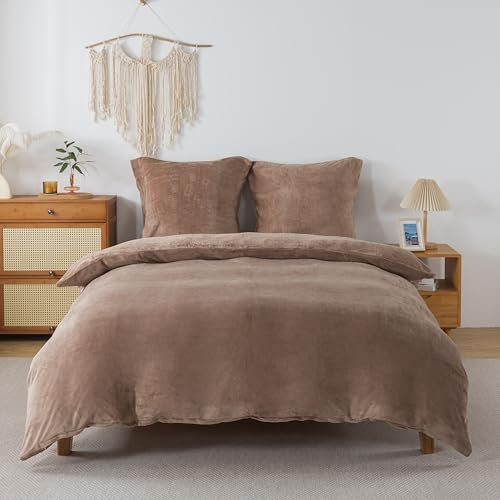 RongRongIN Ropa de cama mullida de 200 x 200 cm, color marrón café, otoño e invierno, funda nórdica de franela con 2 fundas de almohada de 80 x 80 cm, franela cálida, suave, tacto de cachemira, con