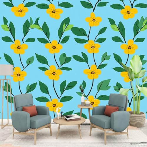 Art Photo Wallpaper Yellow Floral Blue Non-Woven Living Room Bedroom Wall Decoration - Photo Mural- Gaming Room Office TV Background Wall Decor 400 x 280 cm