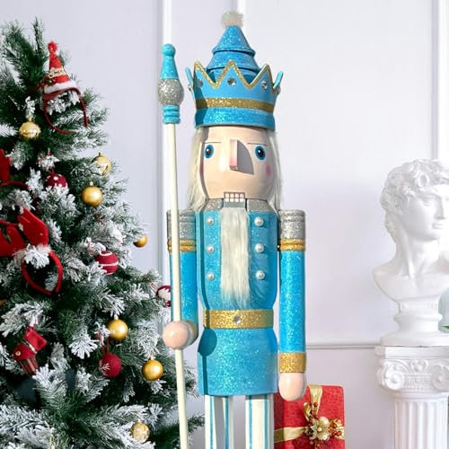 CDL Casse-noisette géant de 1,8 m XXXL - Bleu pastel - Paillettes bleues - Grande figurine de Noël en bois - Décoration de maison et bar - 180 cm K35