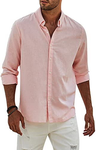 Elegancity Camicia Lino Uomo Manica Lunga Elegante Camicia Uomo Casual con Bottoni Cotone Regular Fit con Bottoni Tinta Unita