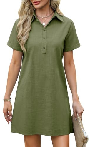 UMIPUBO Women Summer T-Shirt Midi Dress - 100% Cotton Linen Short Sleeve V Neck Sundress, Elegant Loose Tunic With Pockets for Beach Casual