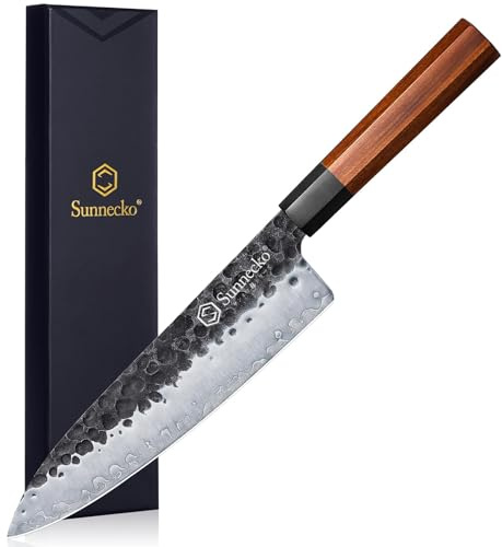 Sunnecko 8 Inch Chef Knife Professional Gyuto Knife | High Carbon Clad Steel Hammered Finished Blade Kitchen Cooking Knives, Ergonomic Non-Slip Octagonal Handle