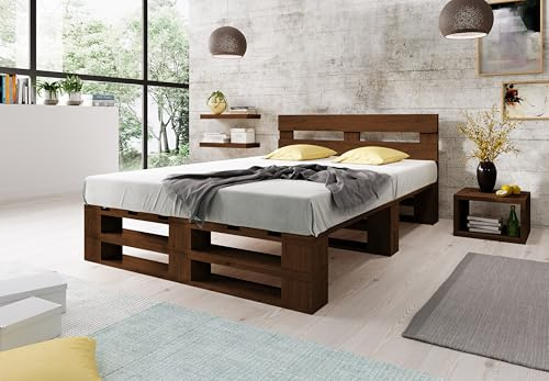 Lermowood Palettenbett M2 aus Holz 180 x 200 cm Palisander mit Kopfteil Holzbett 30cm Stabiles Seniorenbett Kinderbett Jugendbett Gästebett erhöhtes Einzelbett Bettgestell Futon Komforthöhe Naturholz