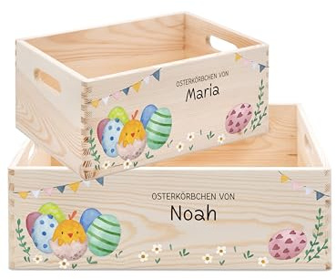 wunderwunsch Osterkiste, Osterkorb, Osternest, Osterkörbchen personalisiert, Ostergeschenk Kinder, Osterdeko Holz, individualisiert mit deinem Wunschnamen (Ostereier Girlande, groß 39x29x13)