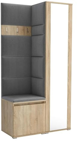 Brent - Garderobenschrank Flur Sonoma Eiche mit sitzbank 95 cm Breit Luton 6 - Multifunktionale Flurgarderobe Set mit Stauraum und Wandpaneel, Garderobe mit Sitzfläche und Kleiderhaken