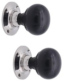 Infinity Decor Pair of Traditional Style Ebony Bun Wood Rim Door Knobs Set 60mm - Polished Nickel Rose Wooden Door Handles Ideal for Interior & Exterior Doors