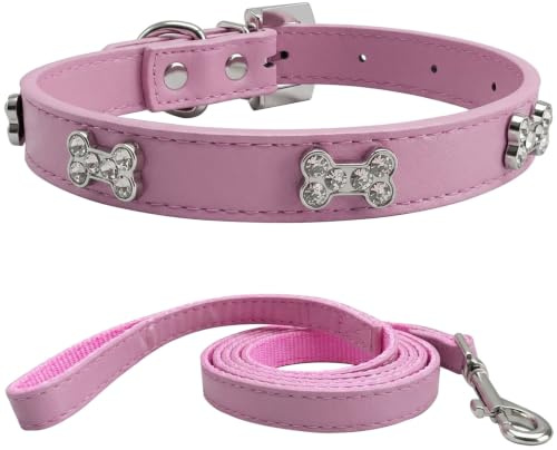 HALFSUMO Halsband und Leine Set Hundehalsband Leder Hundehalsbänder Verstellbares Welpenhalsband für Kleine Mittelgroße Hunde Rosa XS
