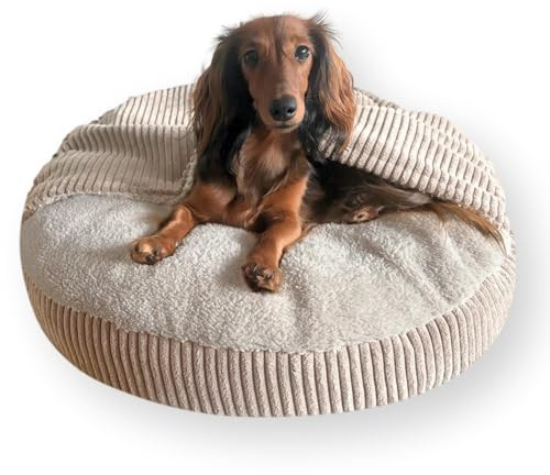 4L Textil Vigo Hundebett mit Kapuze Hundehöhle Hundedecke Hundekorb mit Kapuze Hundeschlafsack Hundekörbchen Cord Hundekissen mittelgroße Hunde mit Decke (Beige, L 90 x B 90 x H 12 cm)