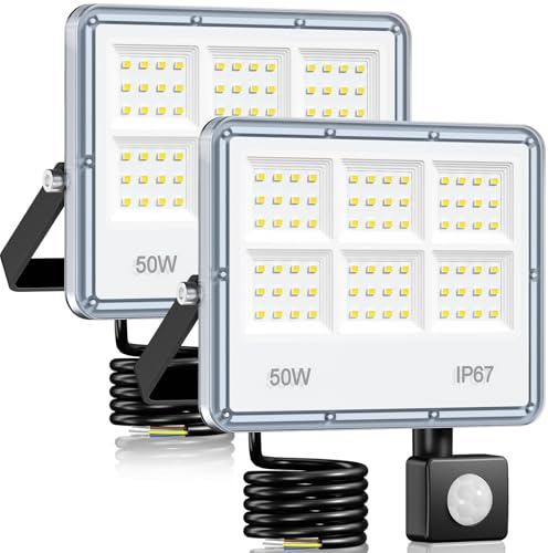 LAMLAMCK 50W 5000 LM LED Strahler mit Bewegungsmelder Außen, 2 Stück | 6 In1 Lichtplatine, IP67 Wasserdicht, 7000 K Kaltweiß LED Scheinwerfer mit Bewegungsmelder für Garten, Hof, Garage, Straße