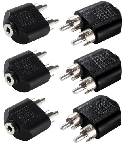 KUOQIY 6 Stücke 3.5mm auf Cinch Splitter Adapter, 3.5mm Stereo Buchse auf 2 RCA Stecker Audioadapter, Vernickelt
