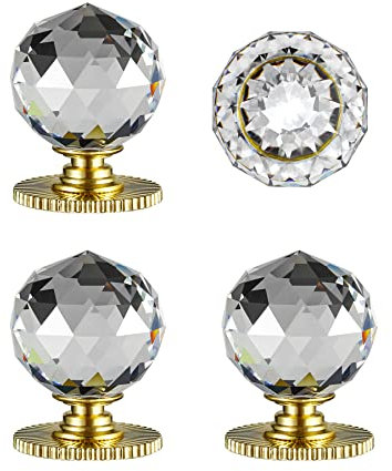 Sunshine Lot de 4 boutons de rechange adhésifs en cristal doré - Diamètre 40 mm - Pour armoire, miroir, armoire, fenêtre, verre, porte coulissante