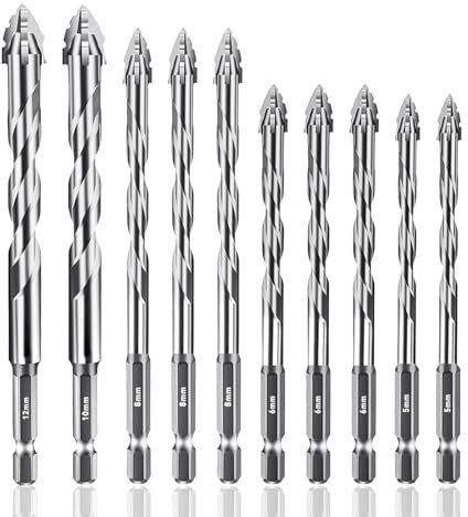 Set di punte per piastrelle, 10 punte per trapano con 4 tagli, fusto esagonale da 1/4, per piastrelle in ceramica e porcellana