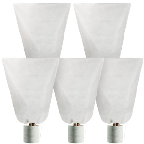 5 Pack Thick Winter Plant Fleece Frost Protection Covers, Reusable Garden Fleece Bags with Zipper & Drawstring, Breathable Cold Protection for Plants, Shrubs and Potted Trees (white, 150x150cm/5pcs)