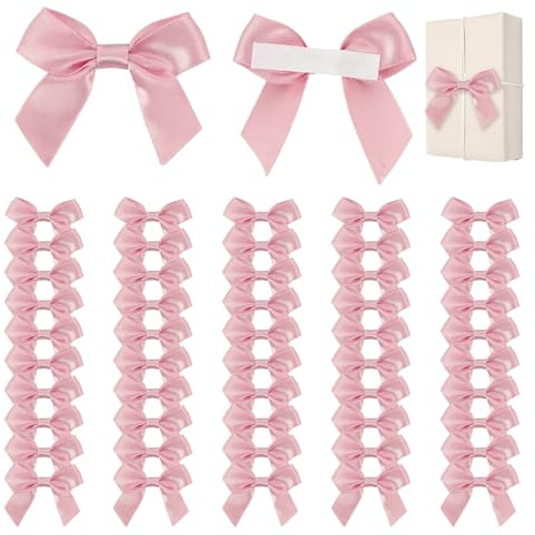 Självhäftande satinrosetter, 50 stycken satinband slingor självhäftande dekoration, presentdekoration rosett liten rosett, för gör-det-själv hantverksdekoration, rosa