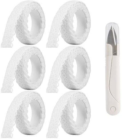 6 Rollos Puntillas de Encaje, Cinta de Encaje Retro, Cinta Decorativa con Tijeras Pequeñas, Regalo para Boda, Decoración Manualidades, Álbum de Recortes, Blanco