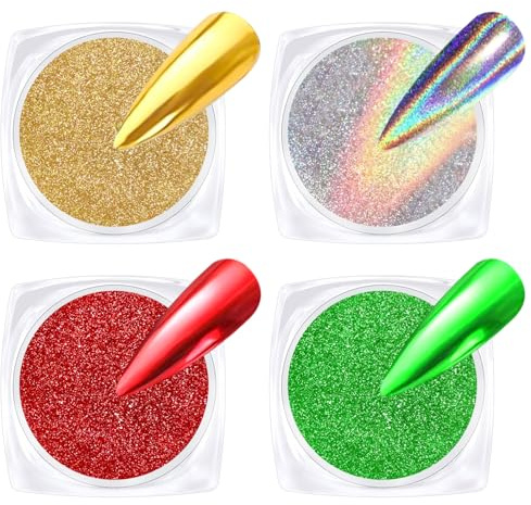 BISHENGYF Dorado Efecto Espejo UñAs - 4 Colores Rojo Verde Láser Dorado Navideño Polvo Cromado Para UñAs, Holográfico Brillante Polvo Para UñAs Efecto Espejo con Purpurina - Diseño de Uñas Navideñas