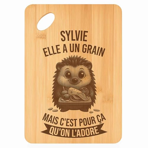 Planche à découper Sylvie Hérisson Grain - Plateau Apéro en Bambou Cadeau Gravé pour Femme Cuisine Barbecue