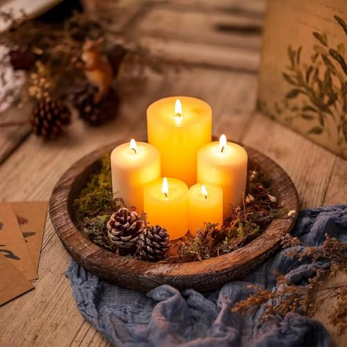 Rustic Wooden Candle Holder Tray, Round Decorative Candle Tray Plate Farmhouse Table Centerpiece Rustic Wood Tealight Pillar Trays for Christmas Wedding Halloween Home Decor (M(20cm diameter))