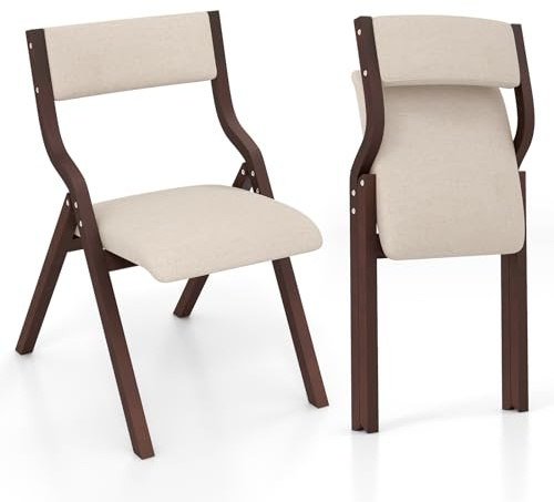 RELAX4LIFE Lot de 2 Chaise Pliante Bois, Chaise Pliable Salle a Manger avec Siège Rembourré, Cadre Courbé, Housse en Lin, Peu Encombrante, pour Cuisine, Salle à Manger, Bureau (Noyer,1)