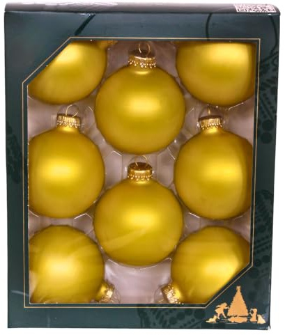 Lauschaer Christbaumschmuck - 8er Set Kugeln, Weihnachtsbaumkugeln Lauscha, Tannenbaumkugeln, Christbaumkugeln,Glas Kugeln aus Lauscha, Gold - matt, mit goldenen Krönchen, 7cm.