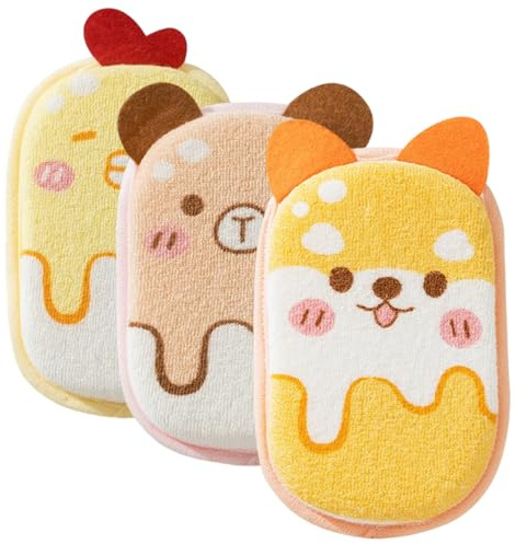 3 Stück Baby-Waschlappen, super saugfähig, weich, Waschhandschuh, niedliches Cartoon-Tier, sanftes Peeling für Baby, Kleinkind, Kinder, Bad, Dusche