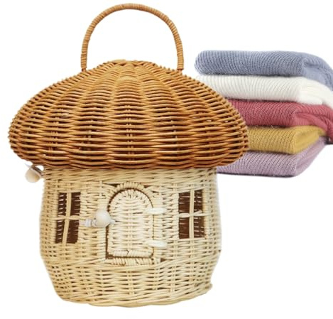 Cesta De Almacenamiento De Ratán En Forma De Seta – 11,02 Pulgadas Contenedor Hecho A Mano Con Tapa, Ɓolsa De Almacenamiento Decorativa Con Asa, Organizador Tejido & Picnic, Fotografía, Casa De Muñeca