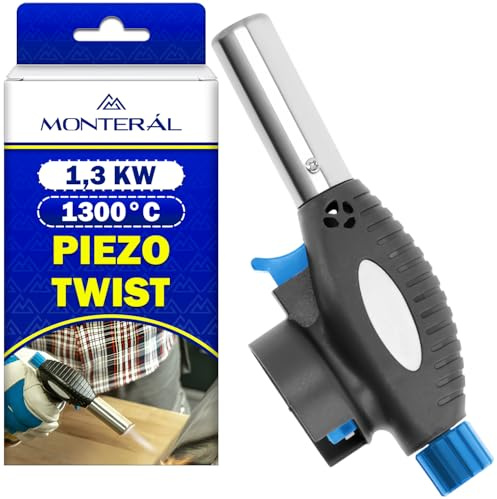 Chalumeau Butane 1,3 kW 1300°C avec Allumage Piézoélectrique Raccord TWIST | Chalumeau Gaz Butane pour Lampe a Souder Camping Gaz pour Bricolage Soudure pour Barbecue pour Cheminée - MONTERAL
